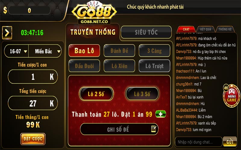 Đánh bao lô Go88 cho phép bet thủ đặt cược đa dạng