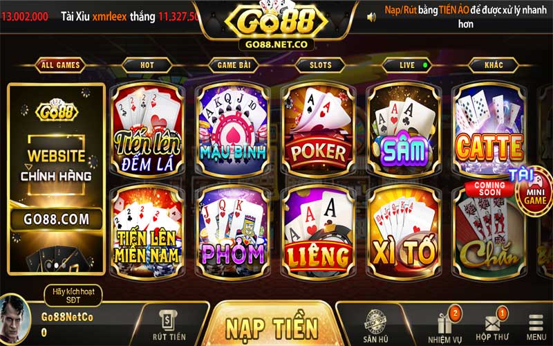 Khám phá danh sách trò chơi tại Go88 game bài đổi thưởng